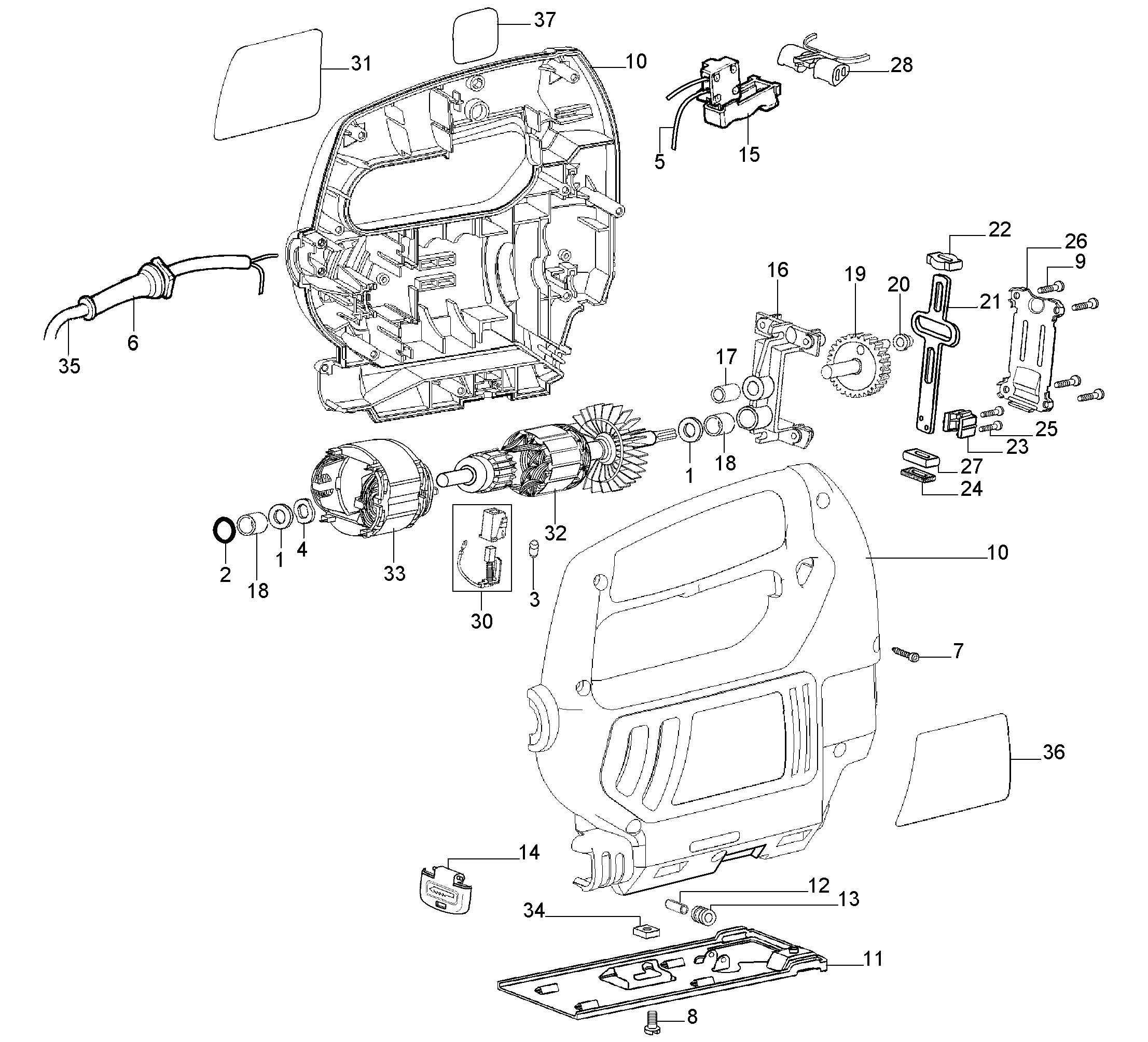 Default Diagram and Parts List for 7552-B3 Type 1 Black and Decker Jig Saw